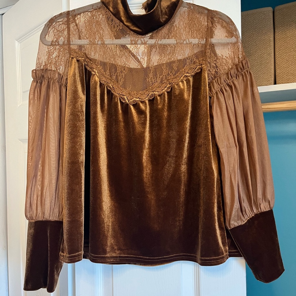 Elegant Velvet and Lace Brown Top